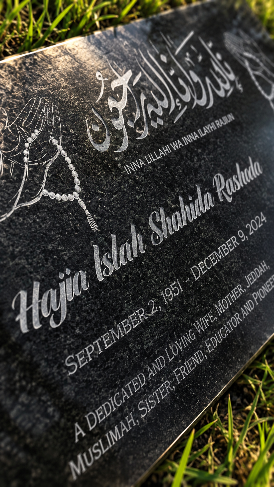 Concept visualization of detailed lettering and artwork engraved in black granite